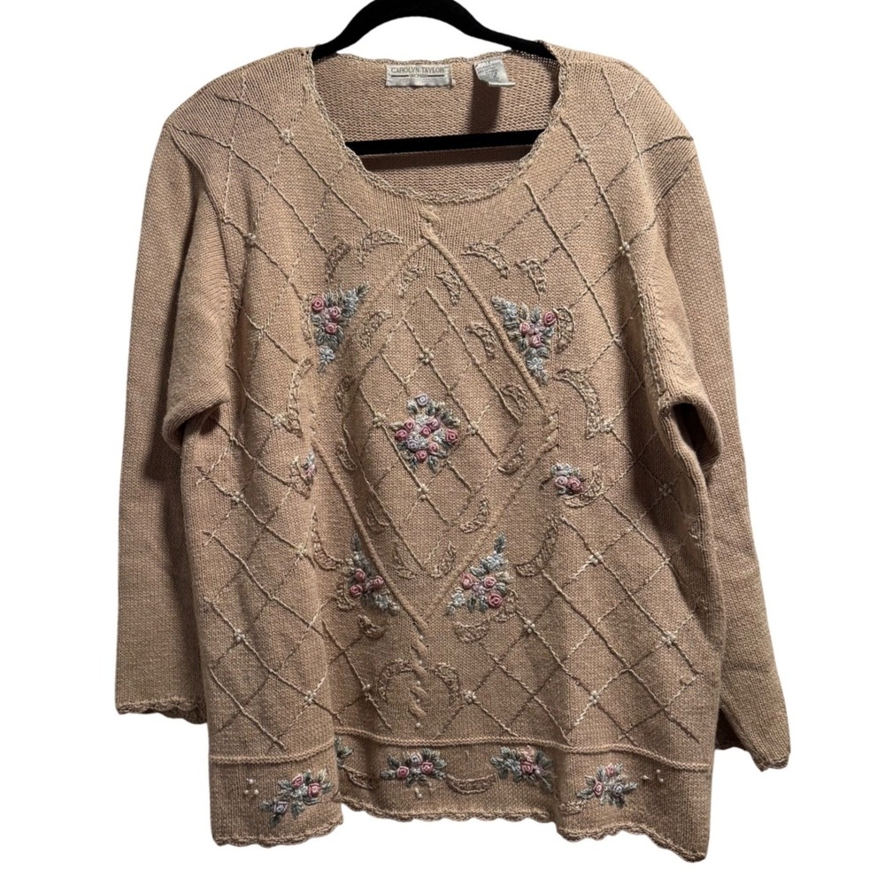VTG Floral Embroidered knit top 1XL Cottagecore Grandmacore 90s 80s ramie